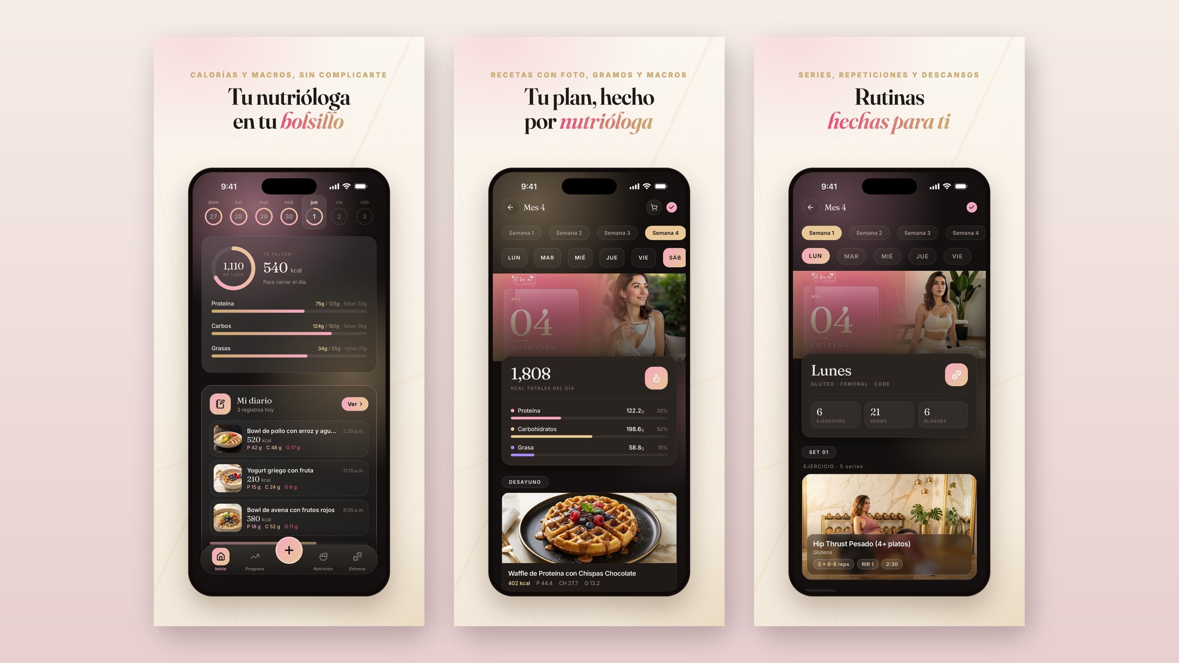 Pantallas de la app FitForMe: inicio, plan de nutrición y rutinas