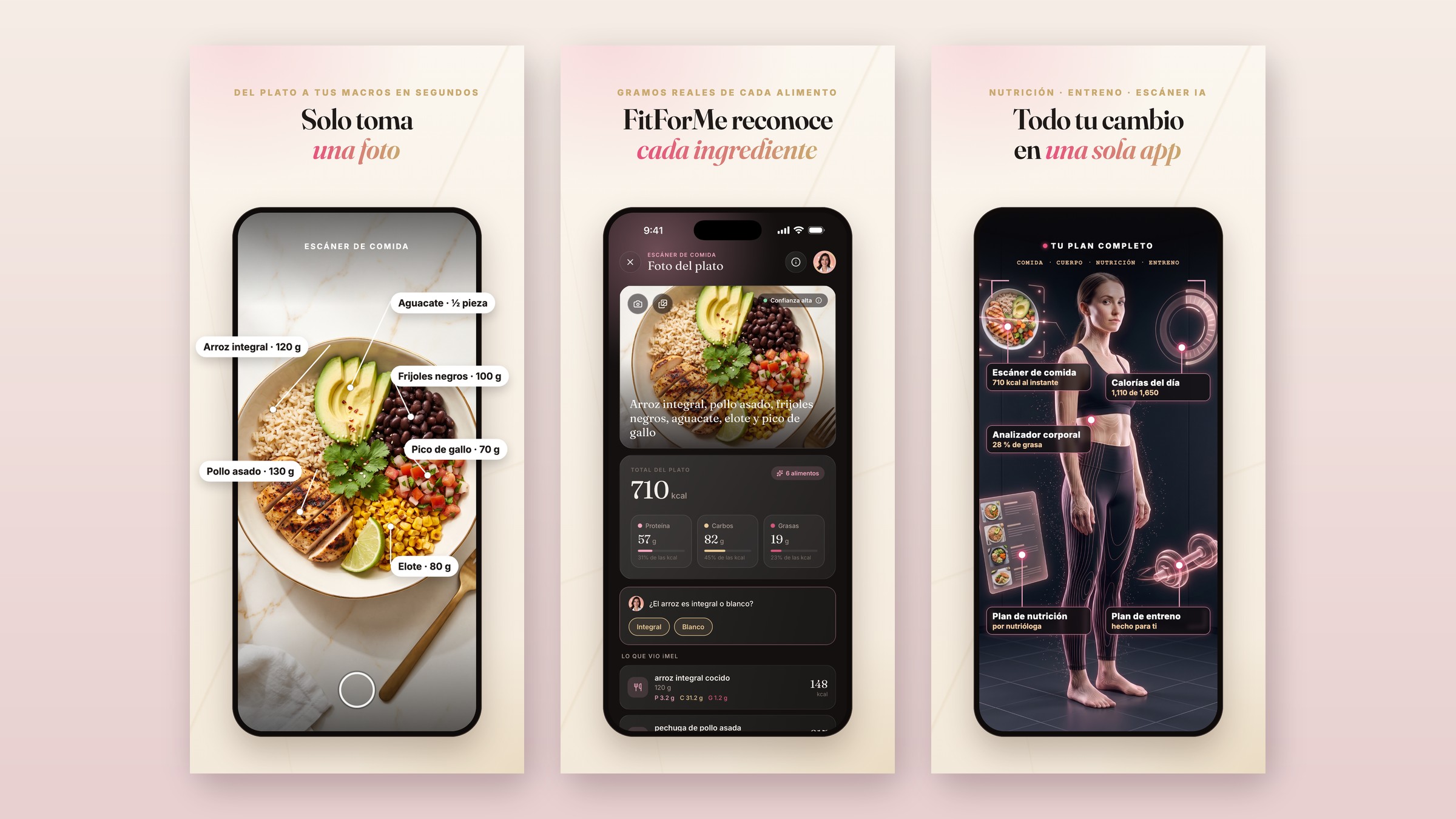 Escáner de comida de FitForMe: foto del plato, ingredientes en gramos y plan completo