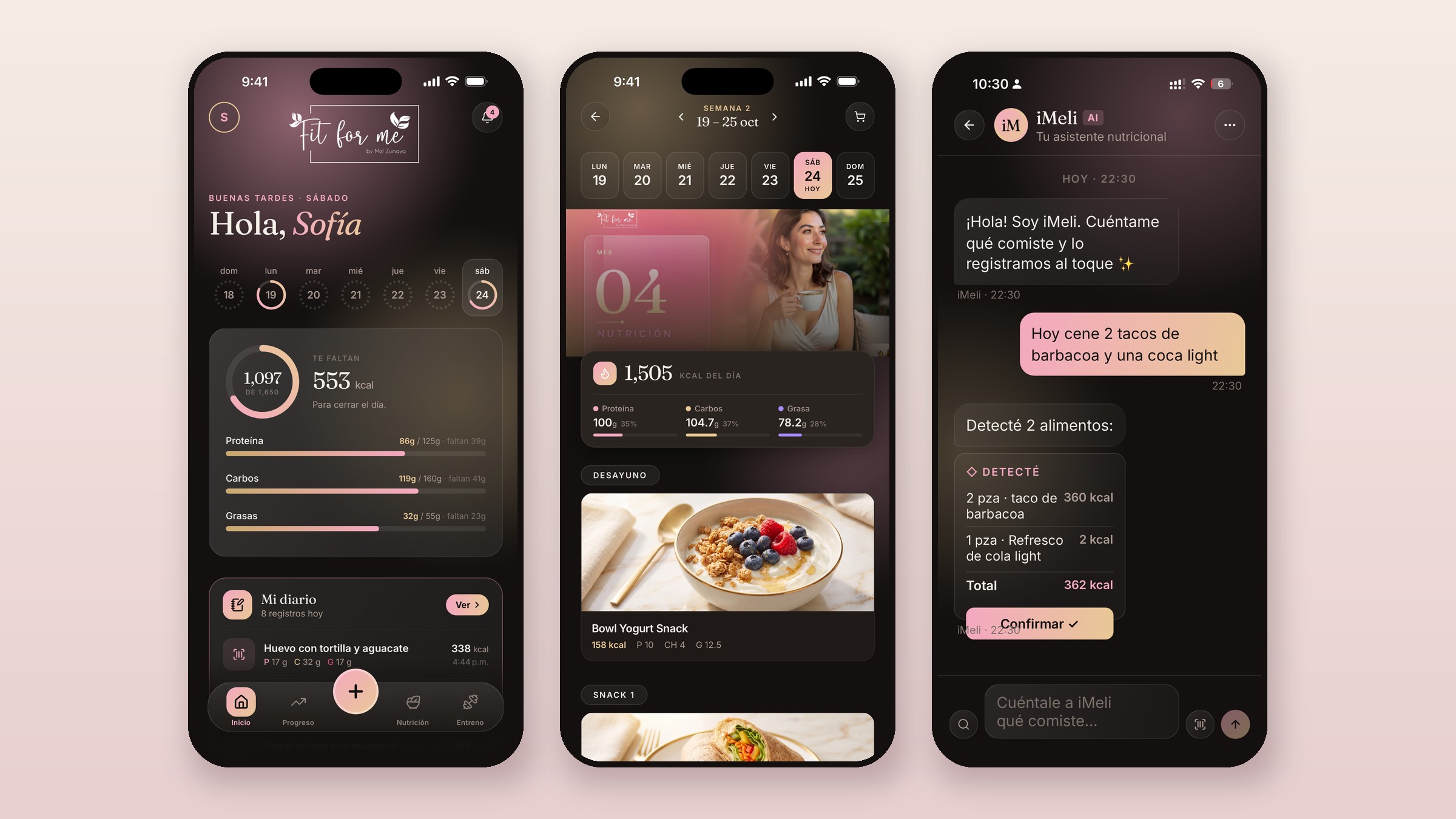 App FitForMe: inicio, plan del día e iMeli