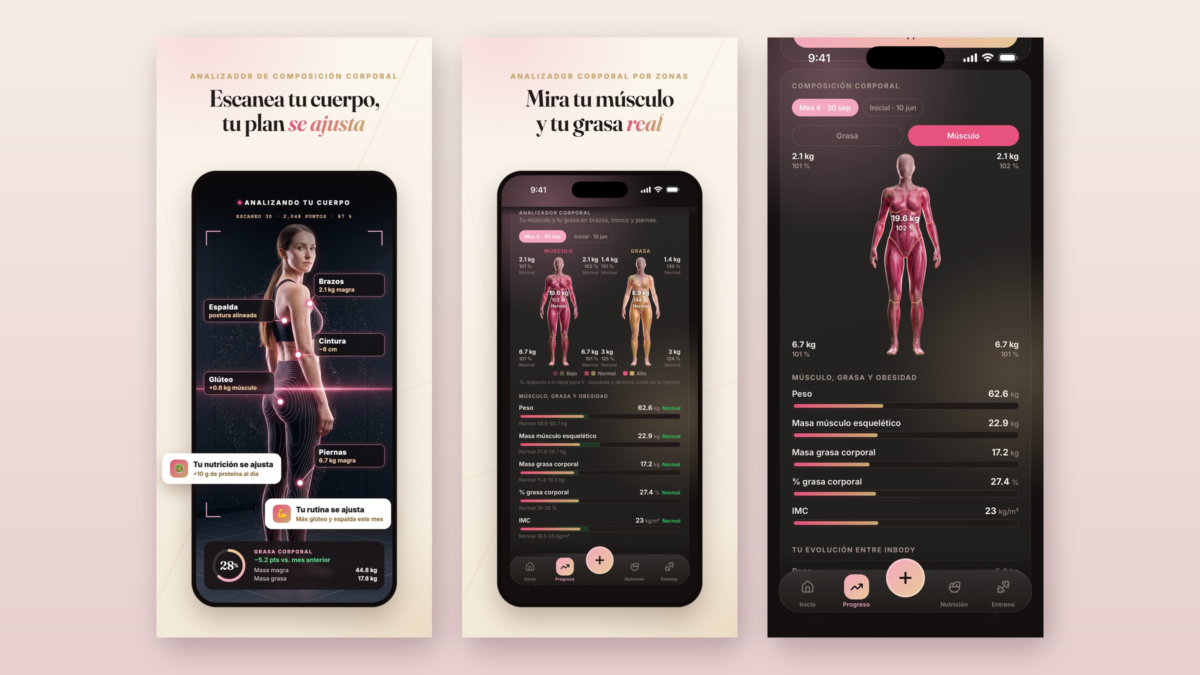 Analizador de composición corporal de FitForMe: modelo 3D de músculo y grasa por zonas