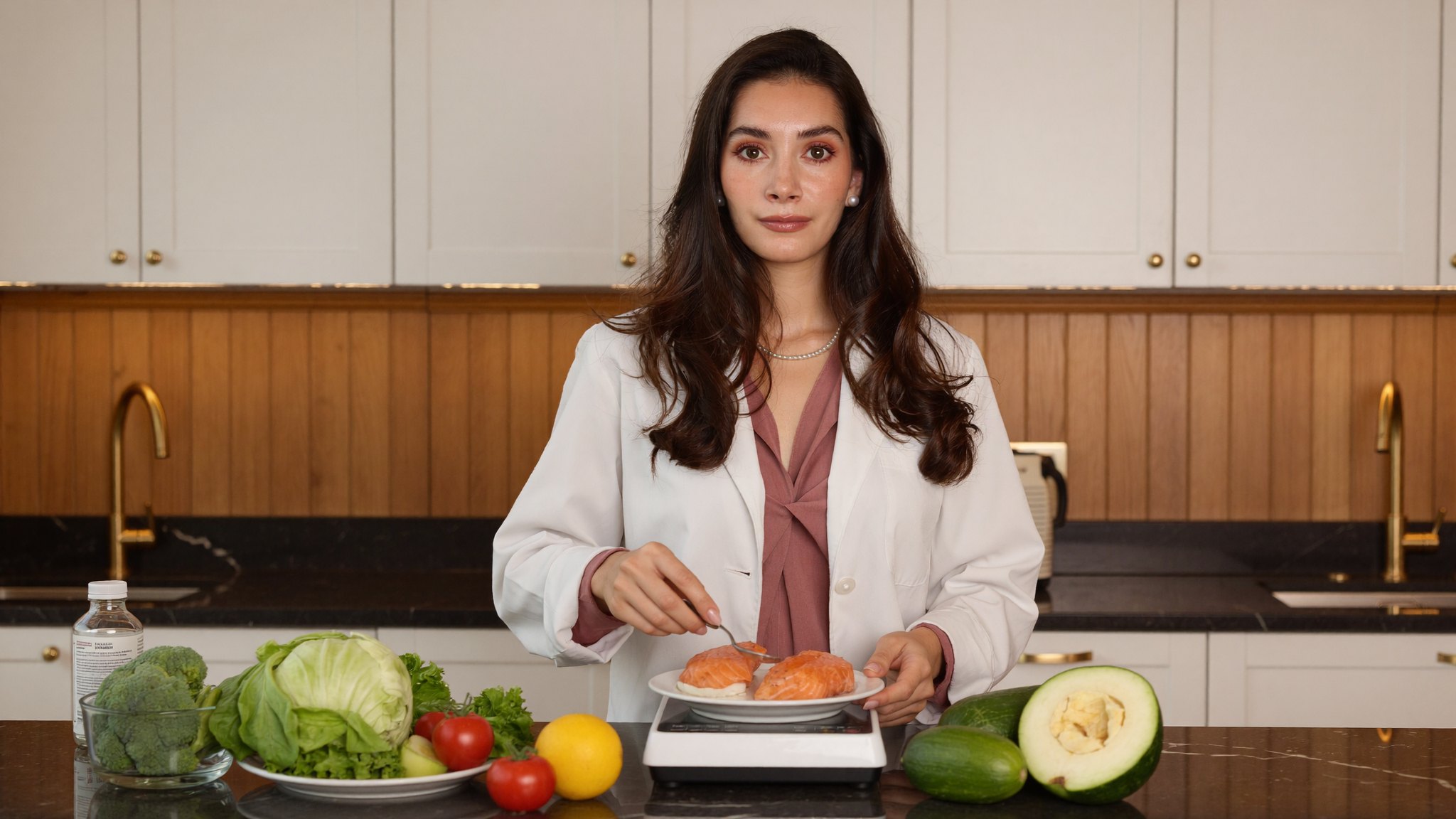 Mel Zumaya pesando alimentos en gramos en la cocina
